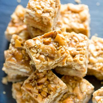 Salty, sweet, buttery, addictively delicious Sesame Cashew bars with caramel and shortbread. You can make Sofra bakery’s most popular recipe at home. Bake up a big batch ahead for your party or for delicious holiday gifts. They keep for two weeks.