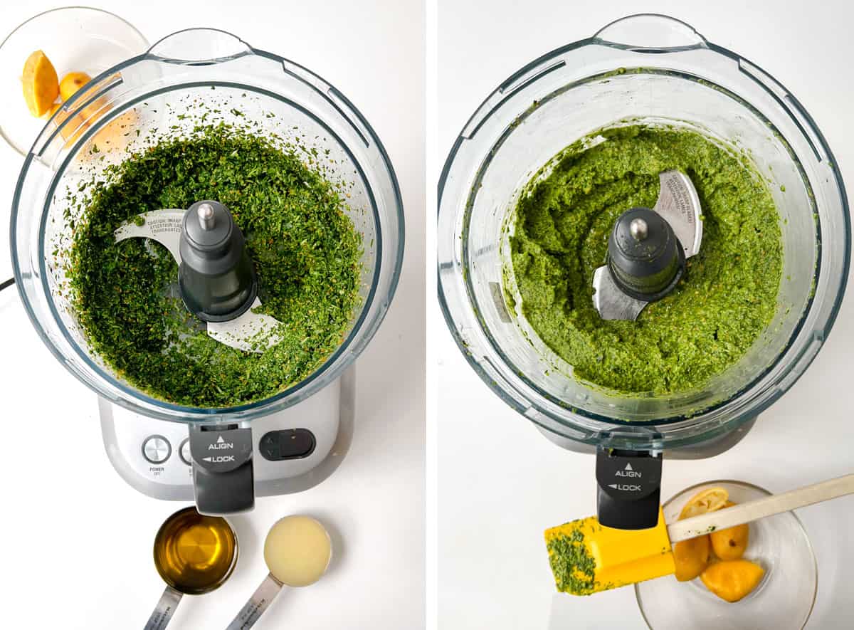 two side-by-side images of a food processor bowl - one with arugula, pistachios and garlic pureed, the next one after the olive oil and lemon juice have been added and pureed in