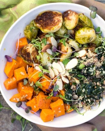 Recipe for Sweet Potato Brussels Sprout Buddha Bowl by Panning The Globe