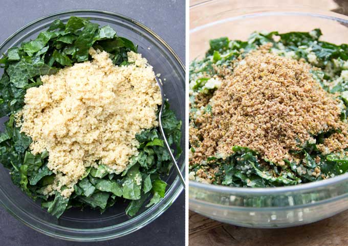 two photos showing the steps of the buddha bowl recipe. the first bowl has chopped raw kale with hot cooked quinoa on top of it, the next bowl has a pile of pecan parmesan on top of the kale and quinoa