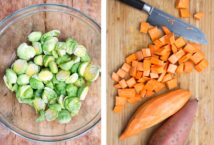 two photos - one has sliced brussels sprouts in a glass bowl, the other has two sweet potatoes on a cutting board, one is peeled, and there's a pile of cubed sweet potatoes next to a knife.