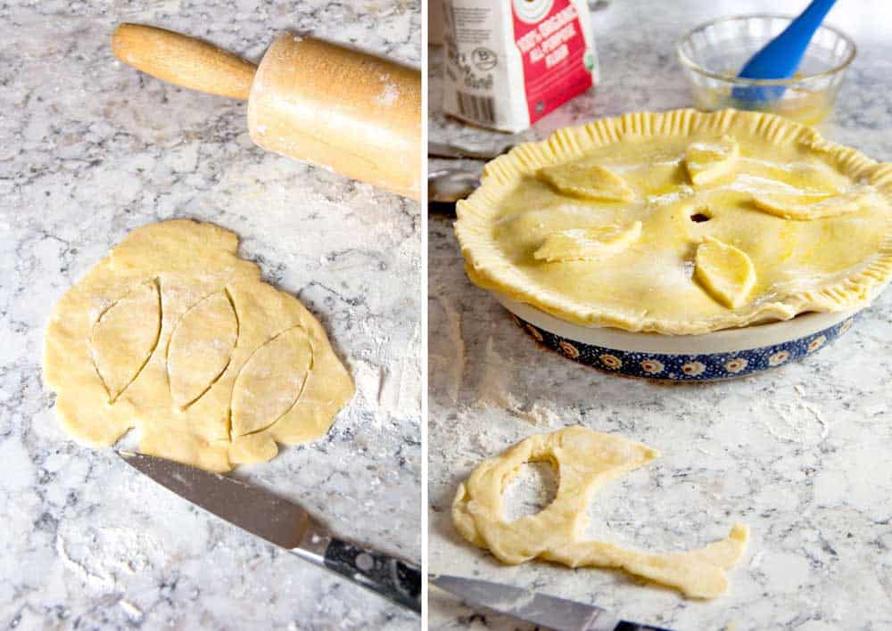 a piece of rolled out pie crust on a white marble countertop, with three leaf shapes cut out of it, and a photo of an unbaked pie with 5 leaf shapes on top of the crust