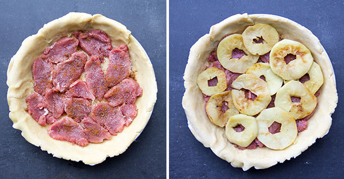 see from above, a pie pan lined with crust and filled with a layer of pork tenderloin slices, and then another photo with a layer of apple ring slices on top of the pork slices