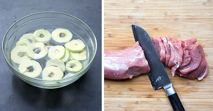 a bowl of thin sliced apple rings floating in a glass bowl of water, and a photo of a half-sliced raw pork tenderloin on a wooden cutting board, 