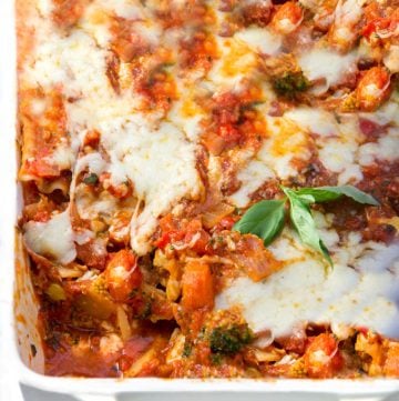 Here's a delicious vegetarian version of classic Italian lasagna: Roasted Vegetable Lasagna. You won't miss the meat in this scrumptious casserole, packed with roasted carrots, bell peppers, onions and broccoli, and layered with thick rich tomato sauce and three cheeses.