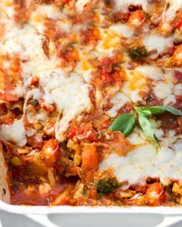 Here's a delicious vegetarian version of classic Italian lasagna: Roasted Vegetable Lasagna. You won't miss the meat in this scrumptious casserole, packed with roasted carrots, bell peppers, onions and broccoli, and layered with thick rich tomato sauce and three cheeses.