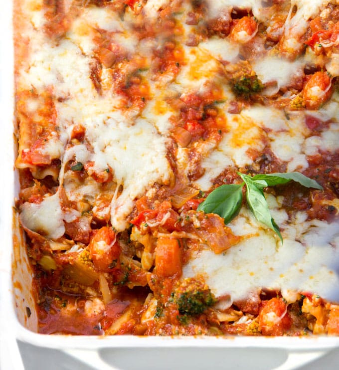 Here's a delicious vegetarian version of classic Italian lasagna: Roasted Vegetable Lasagna. You won't miss the meat in this scrumptious casserole, packed with roasted carrots, bell peppers, onions and broccoli, and layered with thick rich tomato sauce and three cheeses.