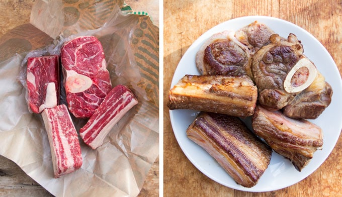 how to brown beef, showing steaks and shorts ribs before and after