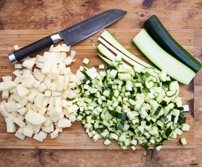 how to dice veggies, diced potatoes and diced zucchini