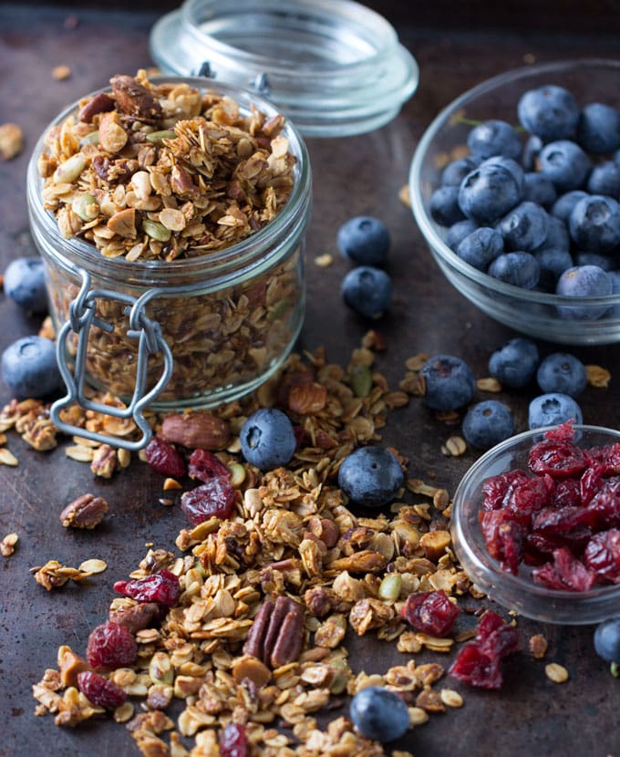 I'm always in search of the tastiest and most nutritious granola. This granola is tops in both categories. It's packed with heart-healthy grains, nuts and seeds. I add pure maple syrup for just a touch of sweetness and unrefined coconut oil to get a golden crispy crunchy texture when baked.