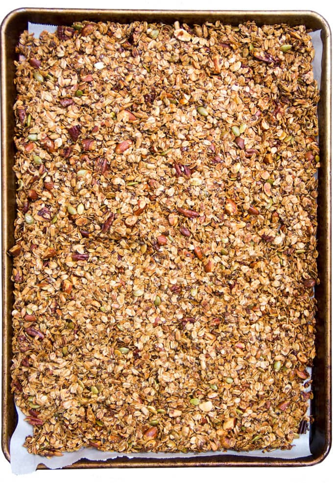 Here's an easy recipe for delicious healthy granola. It's made from heart-healthy oats, nuts and seeds, and it's flavored with cinnamon and maple syrup.