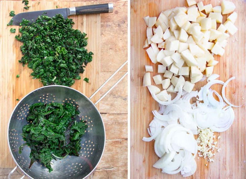 blanched chopped spinach, cubed potatoes, and sliced onions