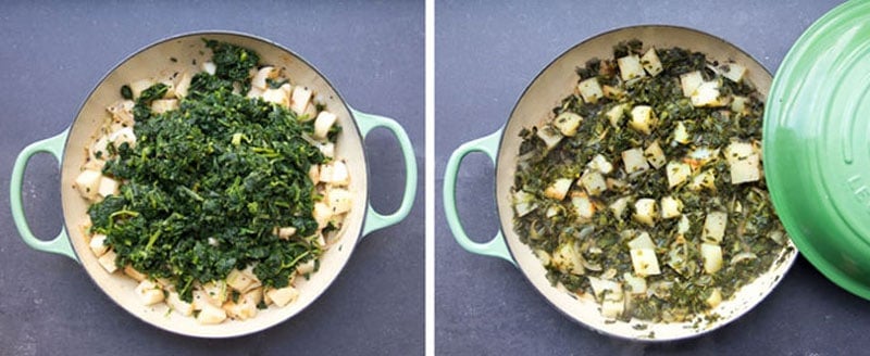 chopped blanched spinach on top of cubed potatoes, in a skillet, next shot shows the finished saag aloo dish with cooked spinach and potatoes