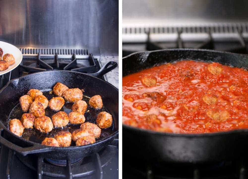 how to make turkey meatballs - turkey meatballs browning in a cast iron skillet, then a shot of turkey meatballs simmering in tomato sauce in a cast iron skillet