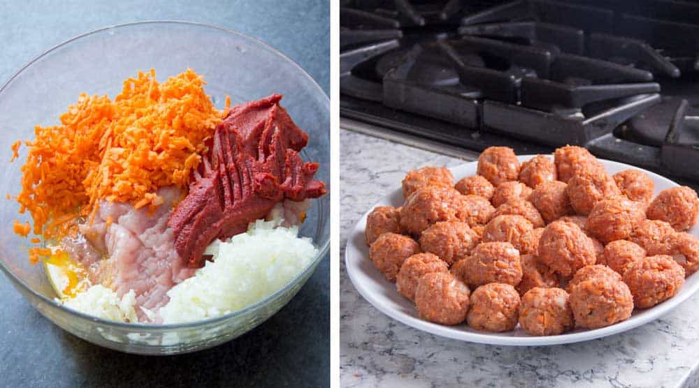 how to make turkey meatballs, a bowl of raw turkey, tomato paste, grated sweet potato, chopped onion, minced garlic and eggs, then a plate of rolled uncooked meatballs