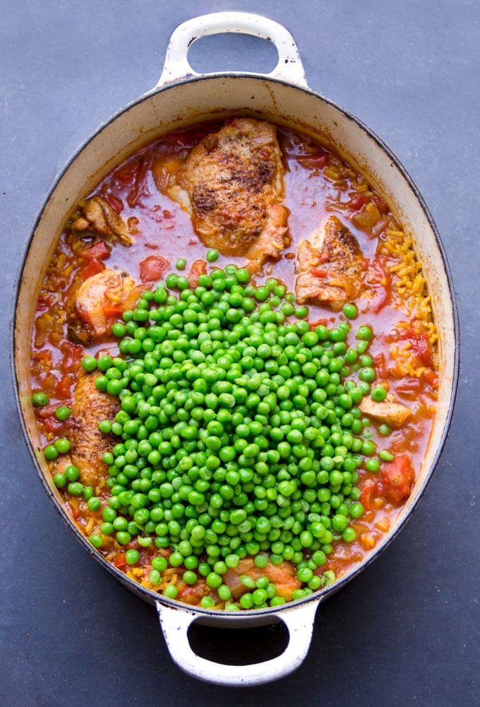 Arroz Con Pollo with peas on top