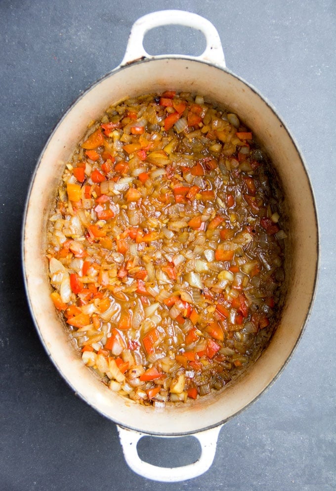 soffrito in a pot - the base for Arroz con Pollo