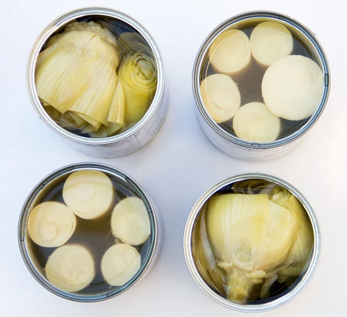 2 cans of artichoke hearts and 2 cans of hearts of palm.
