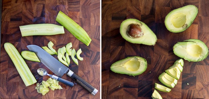 How to remove seeds from a cucumber and slice it into moons and how to slice avocados