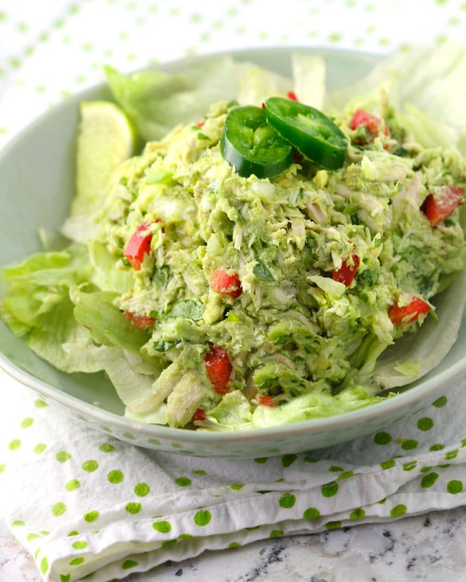 Lettuce topped with a scoop of Venezuelan avocado chicken salad