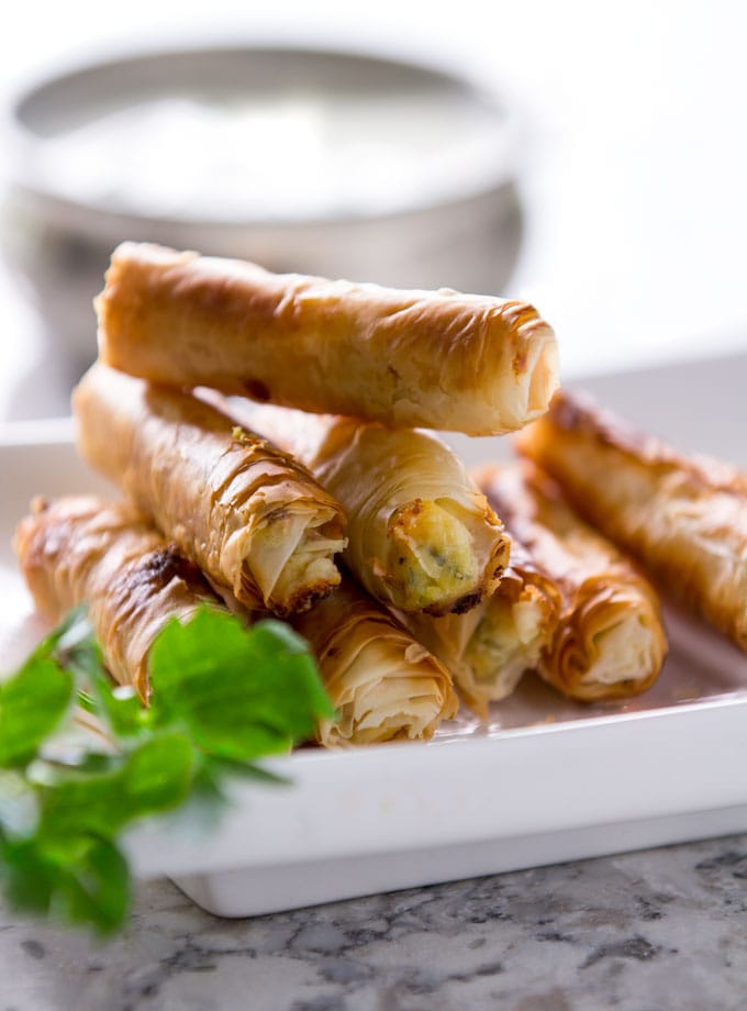 Sigara Borek: Crisp phyllo rolls filled with feta and scallions - a delicious Turkish appetizer recipe