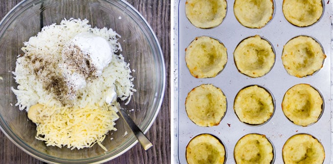 These savory cauliflower tarts are amazing little flavor bombs: potato-gruyere crusts filled with onions, garlic, cauliflower, eggs, cheese, and spices, topped with bacon and parmesan. A perfect recipe for a special brunch, with an easy vegetarian adaptation.