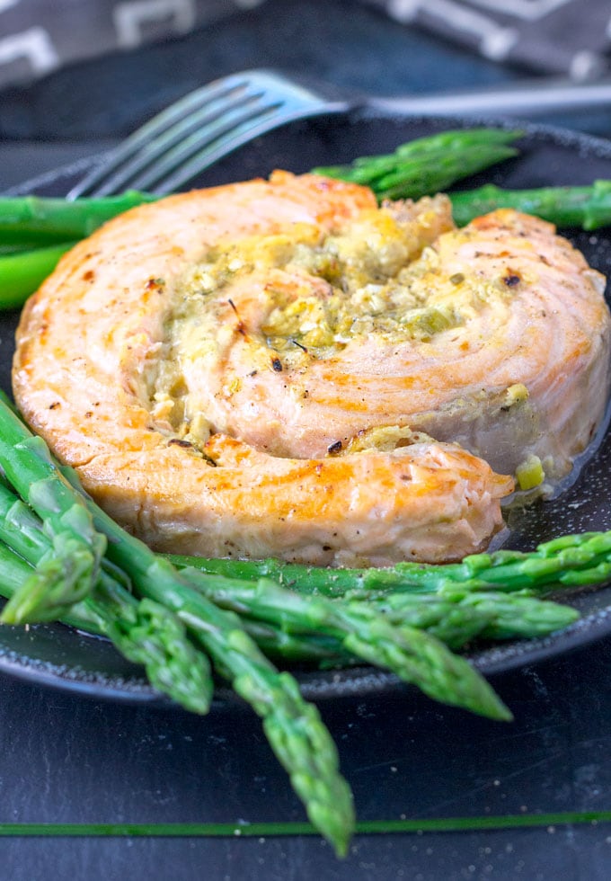 broiled salmon roulades stuffed with horseradish mustard