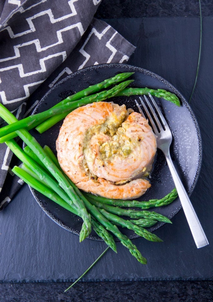 delicious broiled salmon stuffed with horseradish mustard