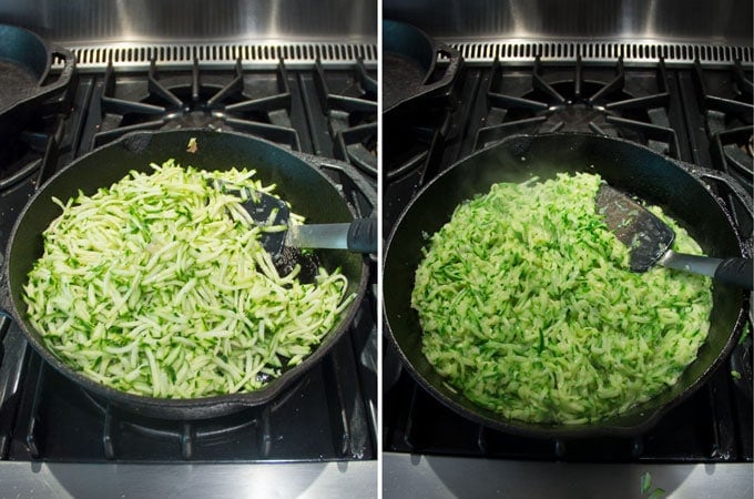 Side by side shots of a cast iron skillet filled with shredded zucchini before and after sautéeomg