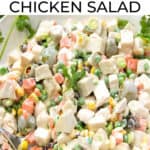 Pinterest pin with a photo of colorful Brazilian chicken salad in a bowl