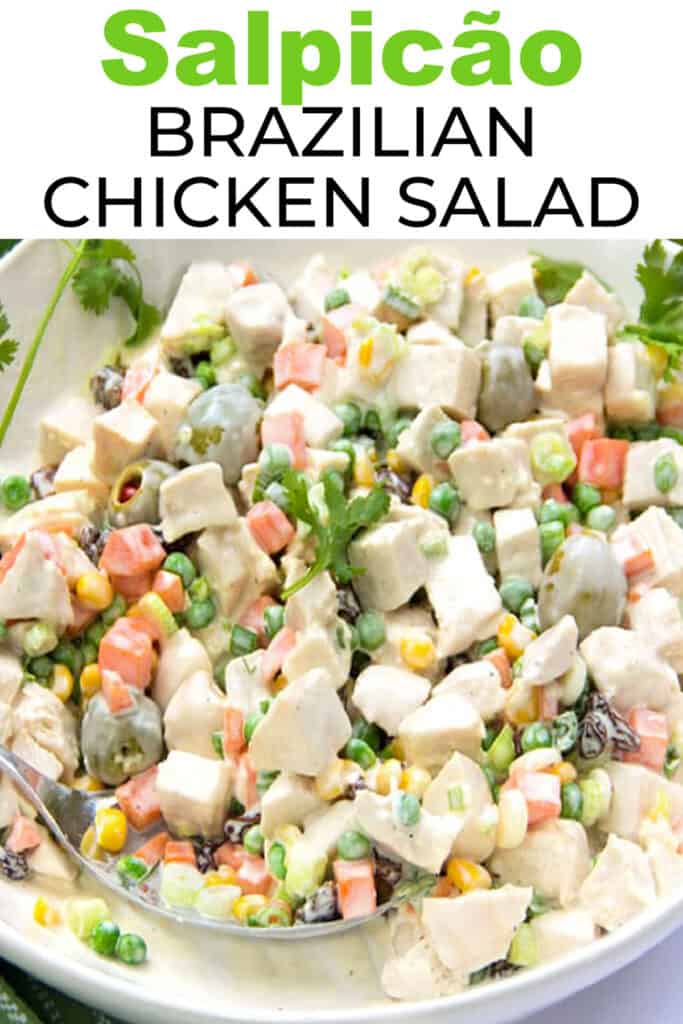 Pinterest pin with a photo of colorful Brazilian chicken salad in a bowl