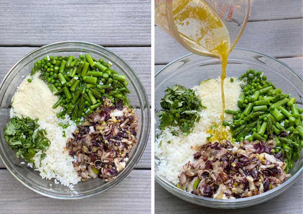 a glass bowl with ingredients for Mediterranean rice salad: sauteed radicchio, slivered basil, grated pecorino cheese, arborio rice, blanched asparagus and peas. Another photo of lemon vinaigrette being poured into the bowl