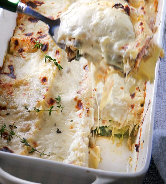 This Tuscan vegetarian lasagna is very special (carnivores will think so too) Creamy béchamel sauce, smoky mozzarella, fresh zucchini, layered with noodles and baked until hot and bubbly. Family friendly, company worthy, so good!