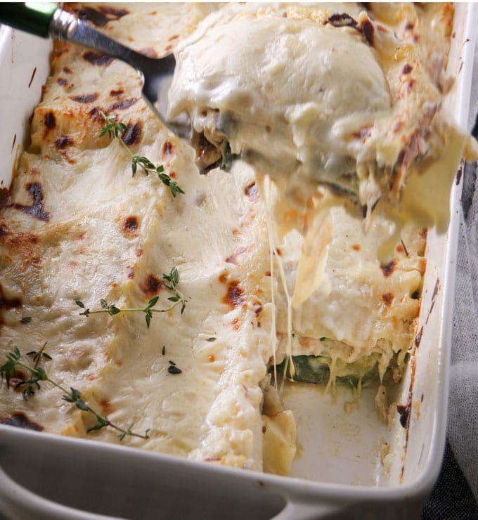This Tuscan vegetarian lasagna is very special (carnivores will think so too) Creamy béchamel sauce, smoky mozzarella, fresh zucchini, layered with noodles and baked until hot and bubbly. Family friendly, company worthy, so good!