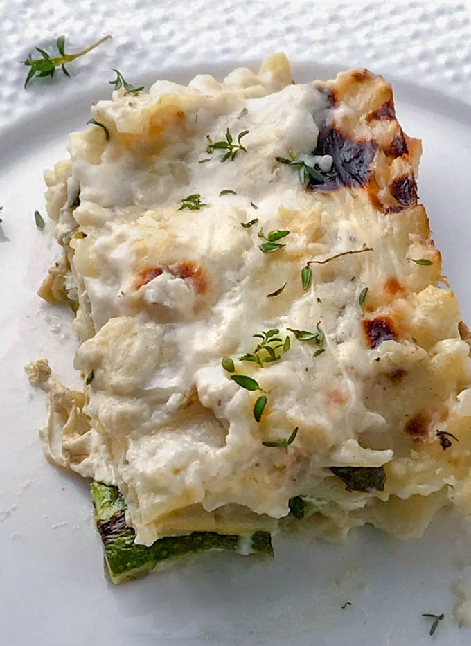 This Tuscan vegetarian lasagna is very special (carnivores will think so too) Creamy béchamel sauce, smoky mozzarella, fresh zucchini, layered with noodles and baked until hot and bubbly. Family friendly, company worthy, so good!