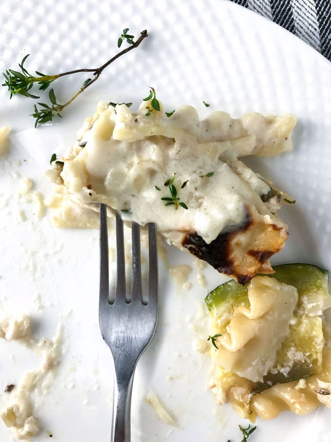 This Tuscan vegetarian lasagna is very special (carnivores will think so too) Creamy béchamel sauce, smoky mozzarella, fresh zucchini, layered with noodles and baked until hot and bubbly. Family friendly, company worthy, so good!