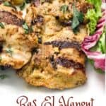 close up of one ras el hanout marinated grilled boneless chicken thigh