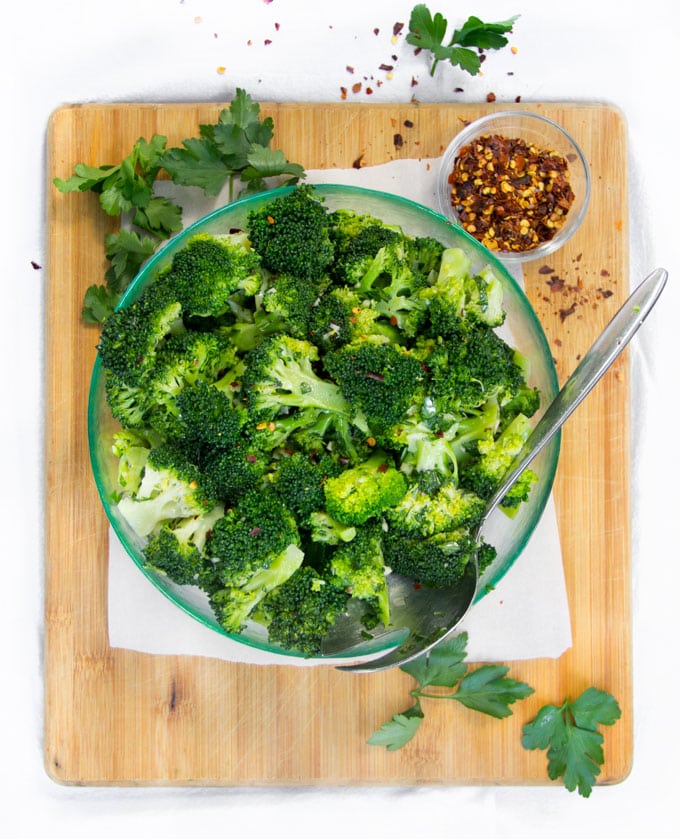 chimichurri broccoli salad in a bowl 