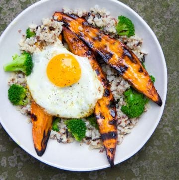 grilled sweet potato rice bowl with a fried egg