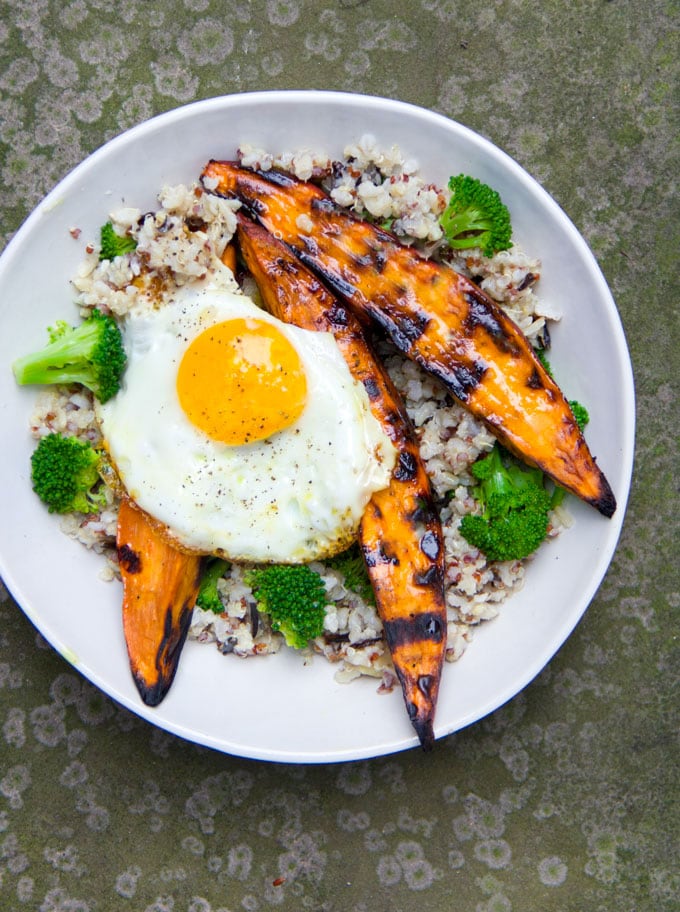 grilled sweet potato rice bowl with a fried egg
