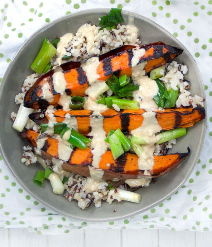 Grilled Sweet Potato rice bowl with ginger tahini dressing