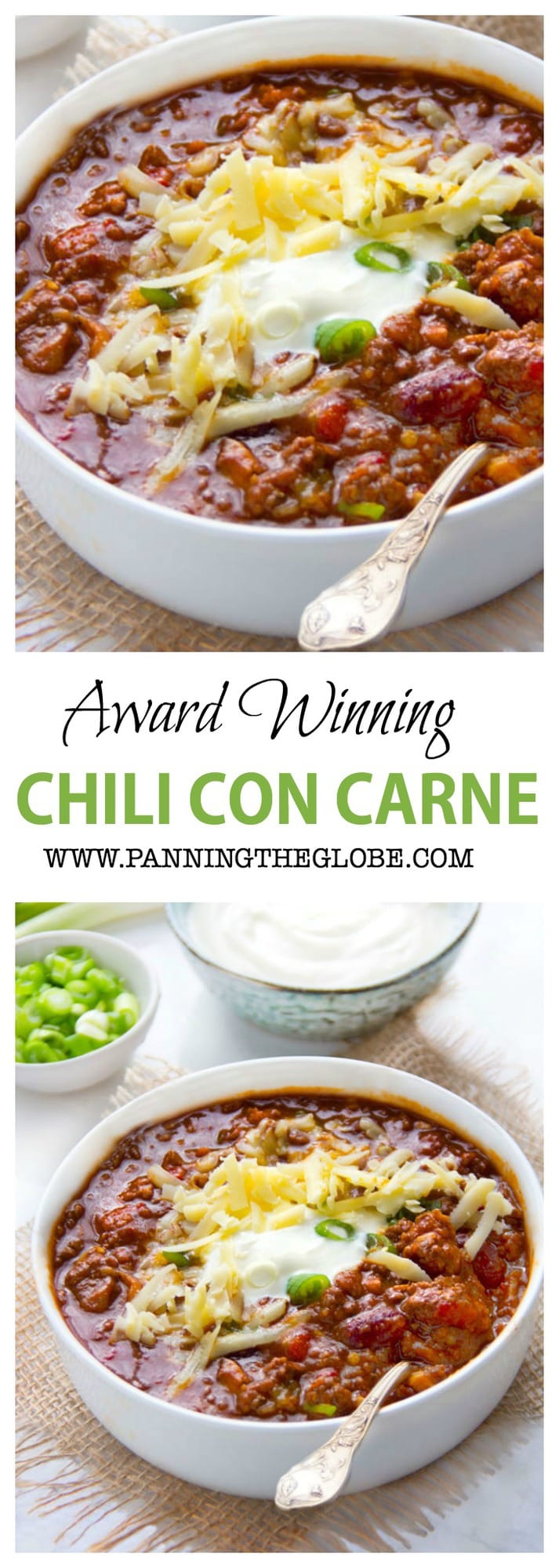 a bowl of award winning chili garnished with shredded cheese and sour cream