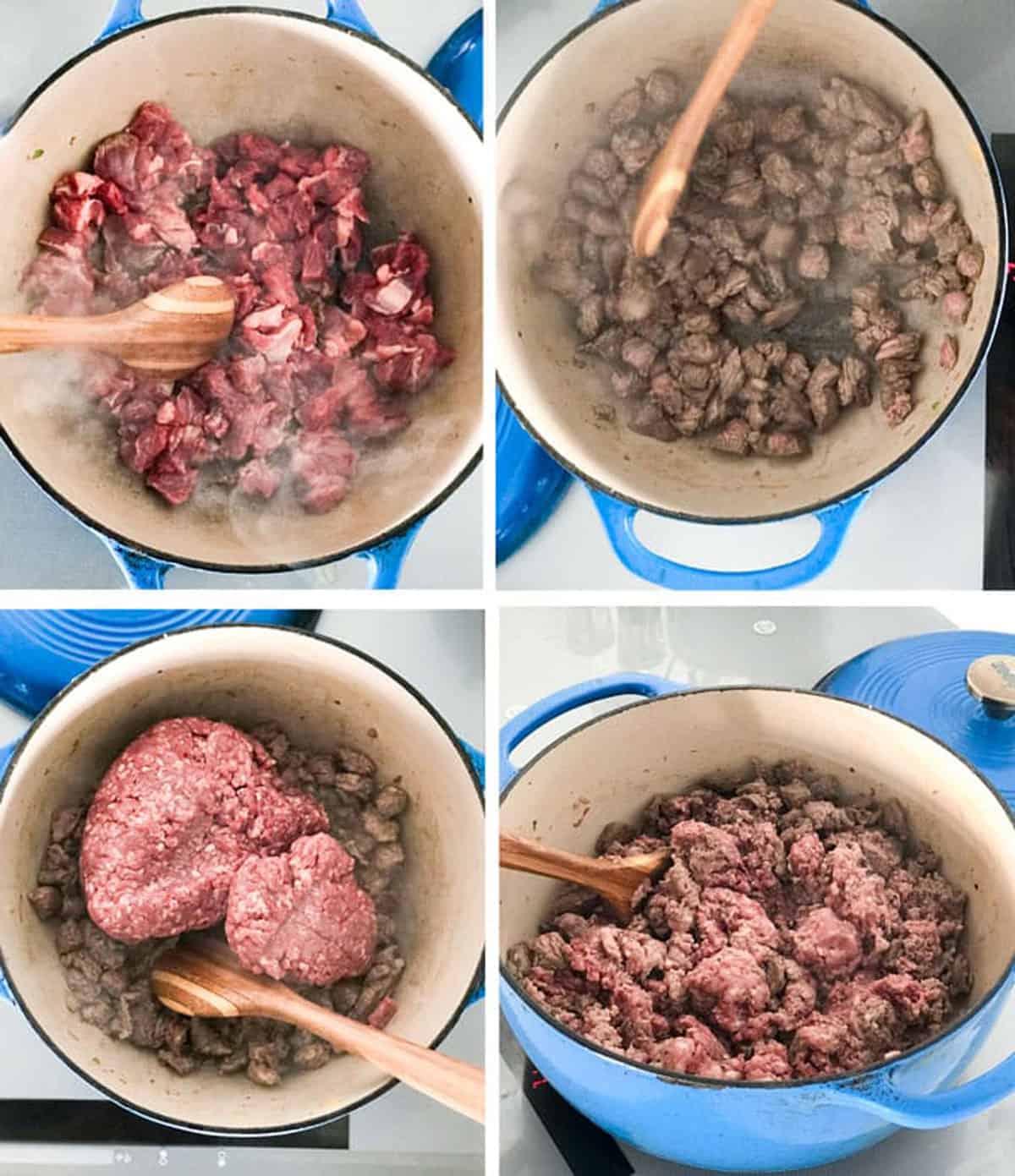 raw diced beef chuck being browned in a dutch oven. Raw ground beef and Italian sausage added and browned in the same Dutch oven.