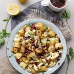 Roasted Cauliflower, Potatoes and Chickpeas tossed in a bright lemon olive vinaigrette. Serve as a side dish or vegetarian main. [gluten-free recipe]