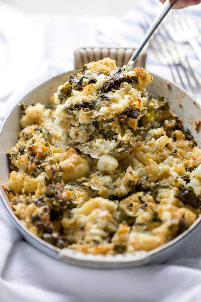 This cauliflower casserole is packed with nutritious veggies and just enough sharp cheddar cheese to make it taste decadent [gluten-free] l Panning The Globe Recipe