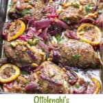 pinterest pin: roast chicken in a roasting pan with lemon slices, red onion slices and sprinkles of chopped parsley