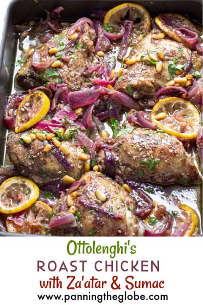pinterest pin: roast chicken in a roasting pan with lemon slices, red onion slices and sprinkles of chopped parsley