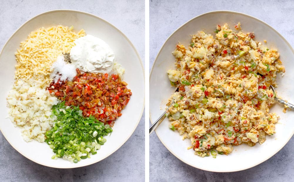 overhead looking into a white bowl with each ingredient for funeral potatoes in separate piles: shredded potatoes, cheese, greek yogurt, chopped scallions, sautéed red peppers. The next shot shows all the ingredients mixed together in the bowl