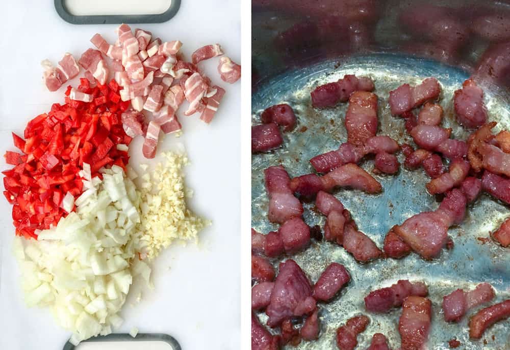 how to make quick cuban black beans, the chopped sofrito and the bacon