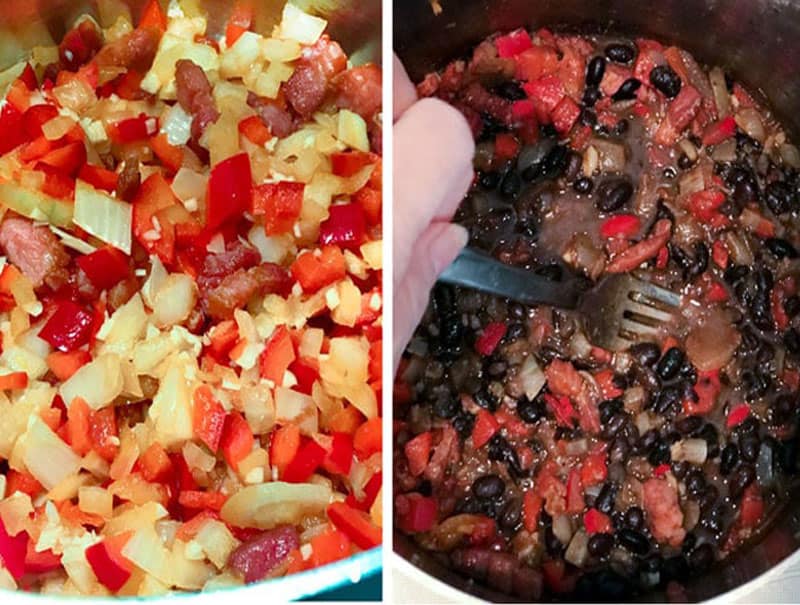 close up of a sofrito of red peppers and onions being sautéed and then black beans being stirred into the pot